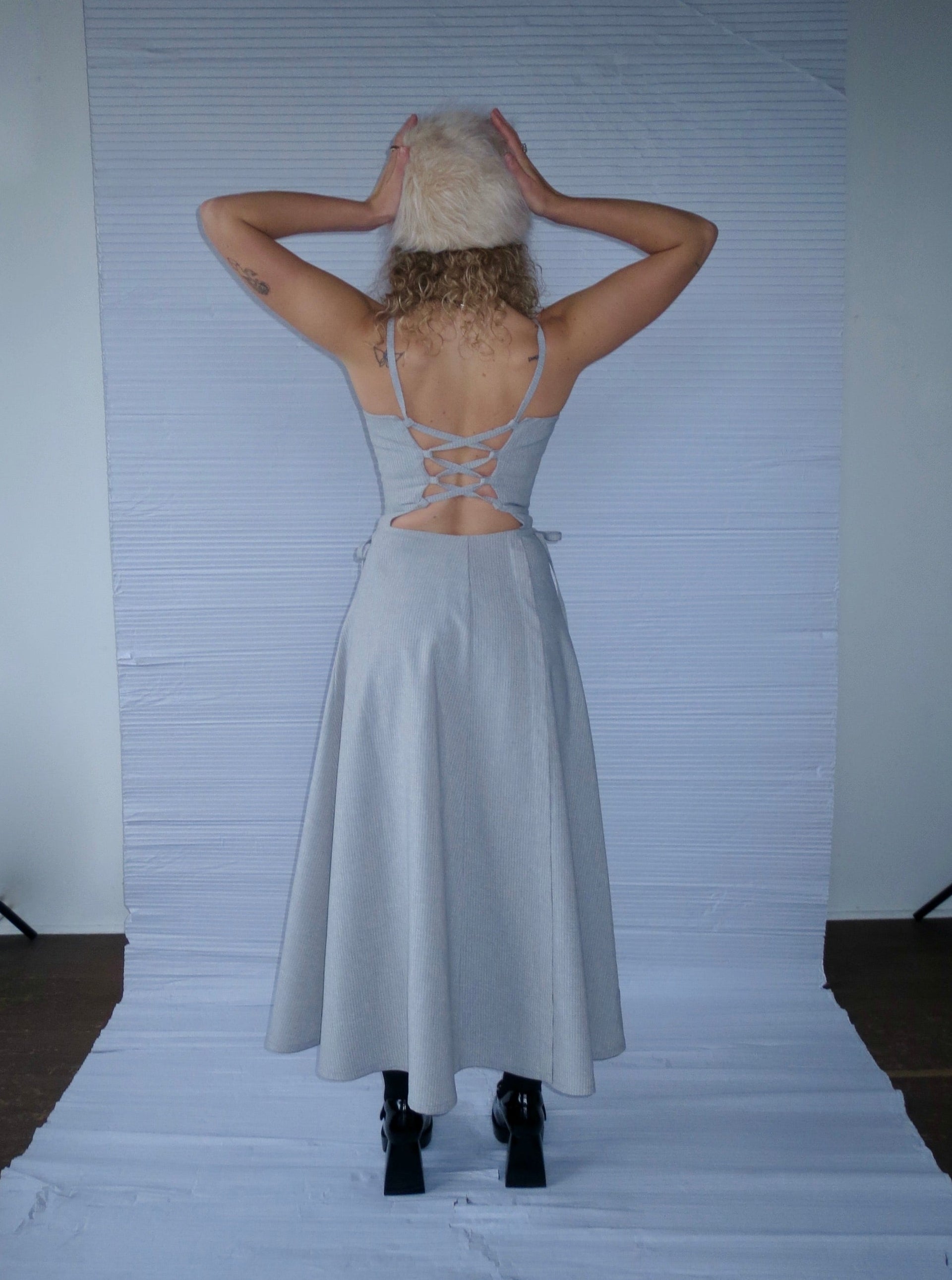 THE U DRESS GREY PINSTRIPE