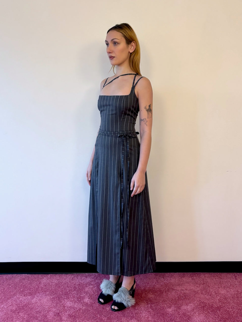 THE LONG U DRESS - GREY PINSTRIPE