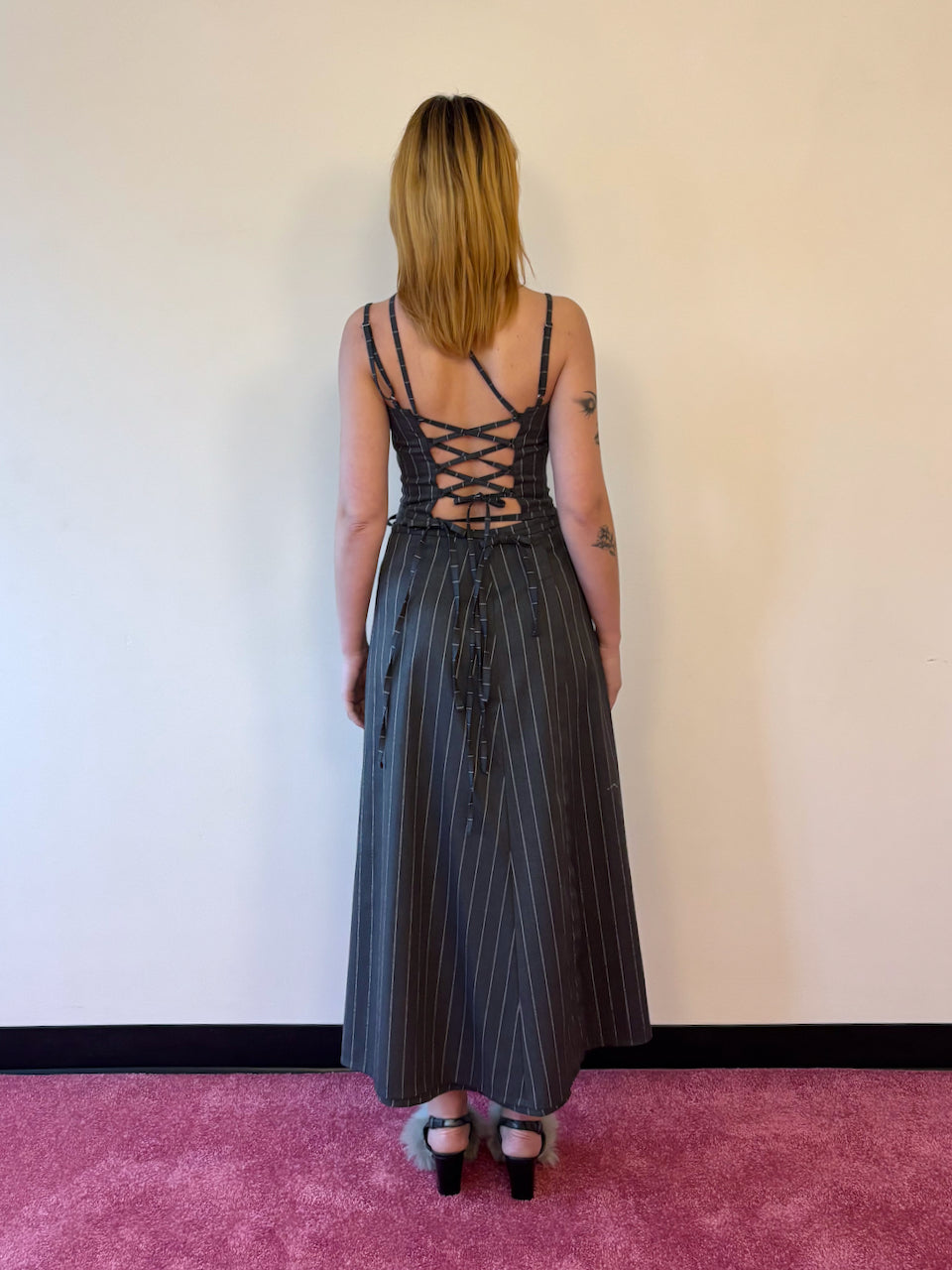 THE LONG U DRESS - GREY PINSTRIPE