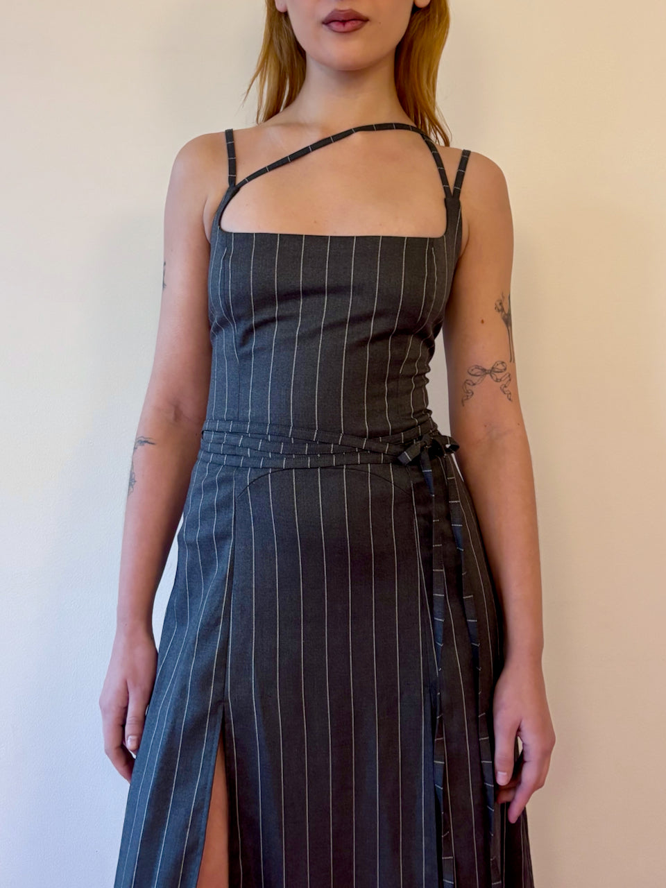 THE LONG U DRESS - GREY PINSTRIPE